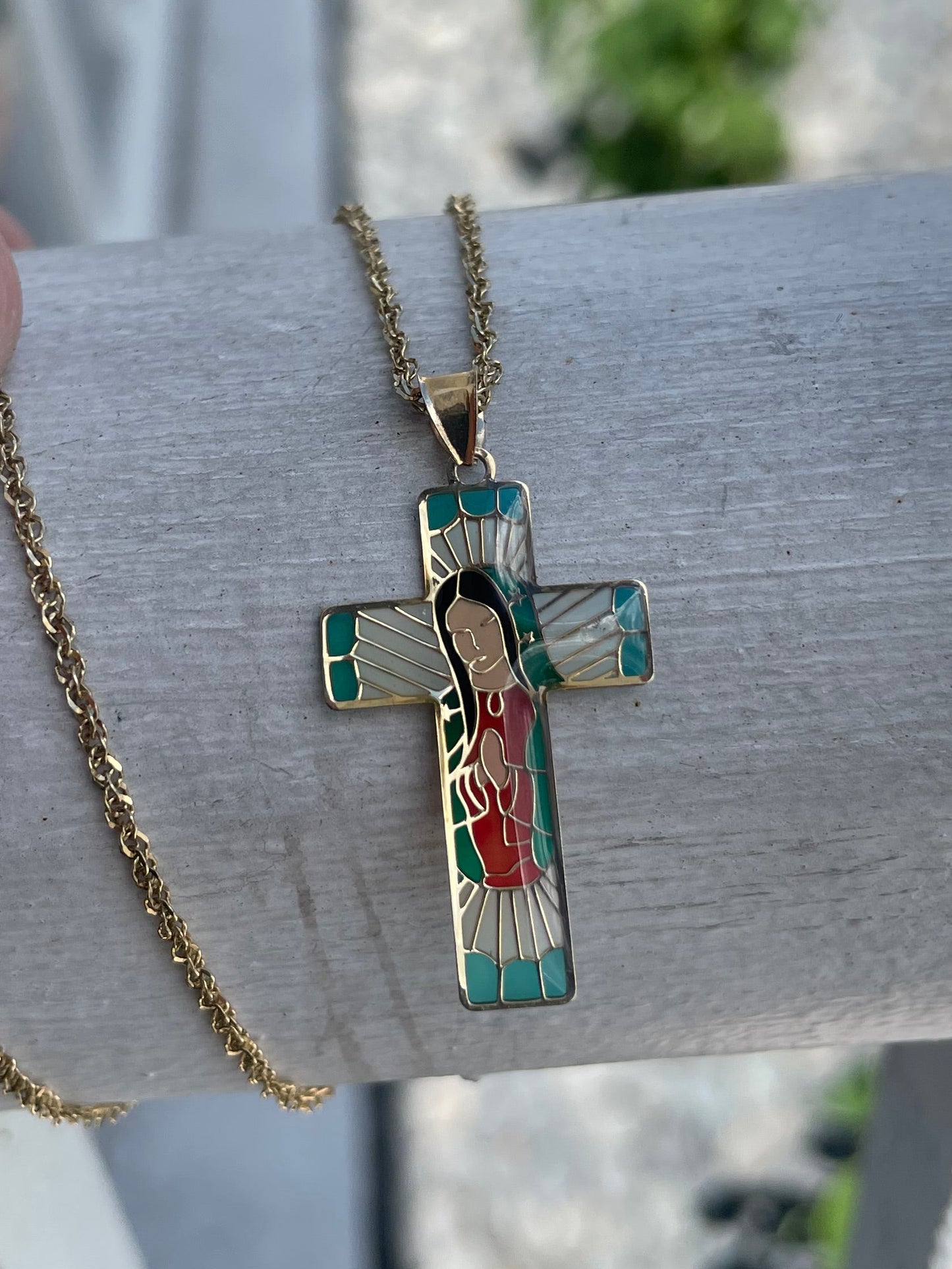 14k Gold Enameled Mother Mary Cross Necklace