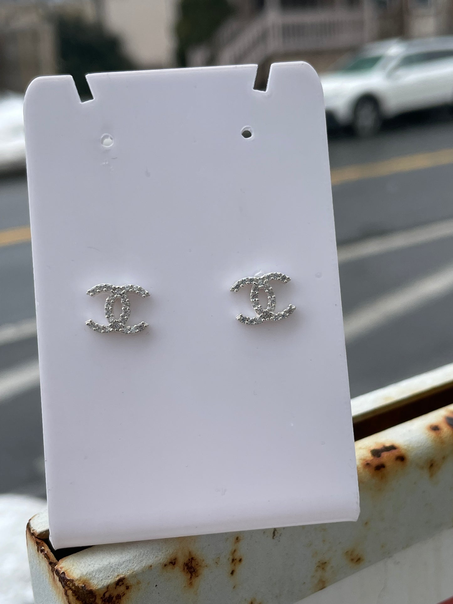 925 Sterling Silver Sparkling Petite Chanel Logo CC Stud Earrings (K11)