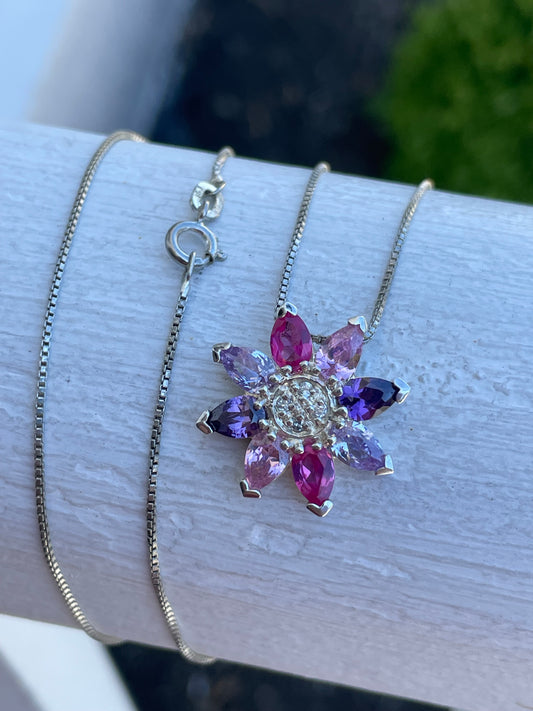 925 Sterling Silver Multi-Color Flower Petal Necklace 18”