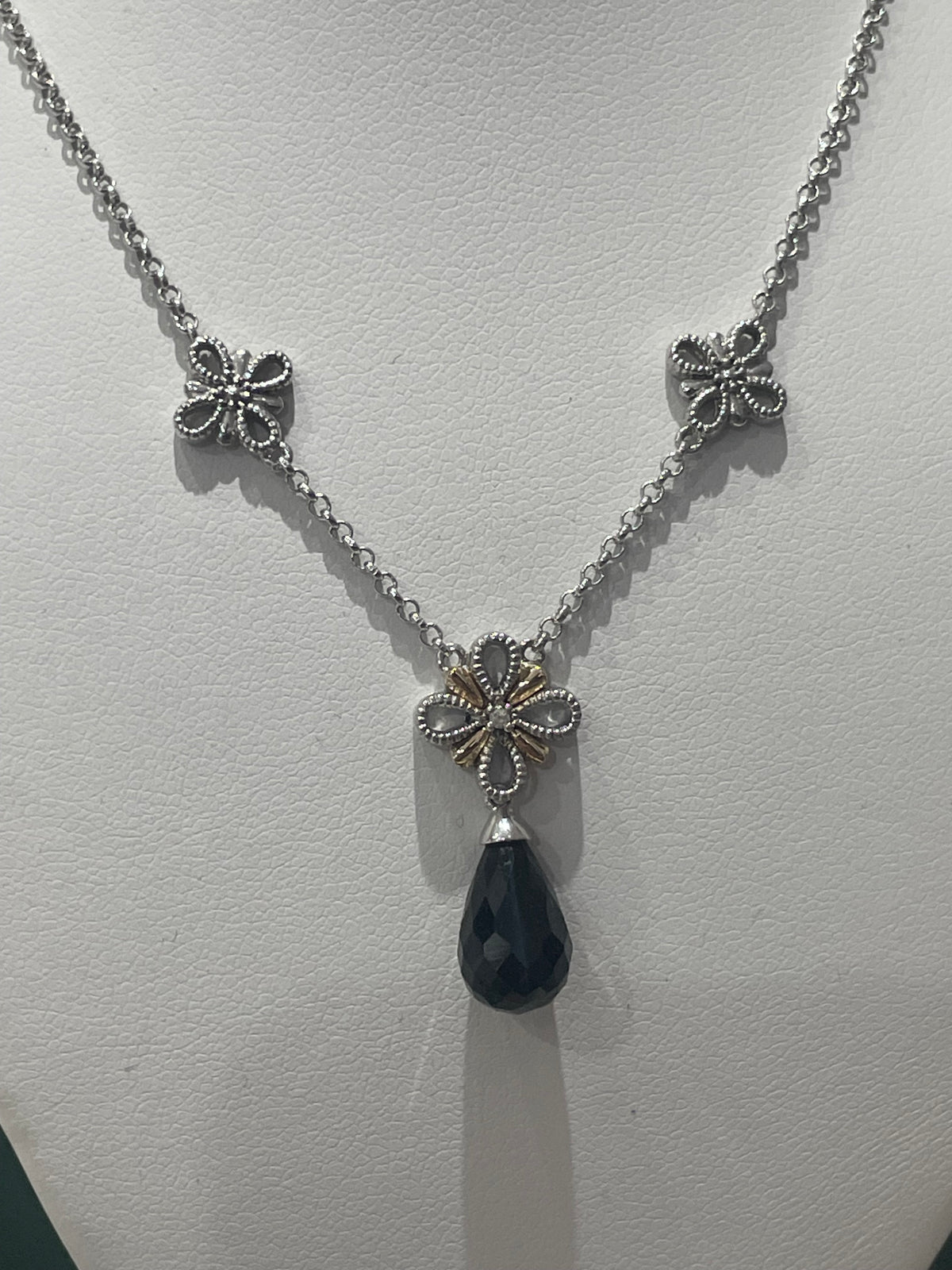 925 & 14k Onyx Drop Two Tone Flower Station Necklace 16”
