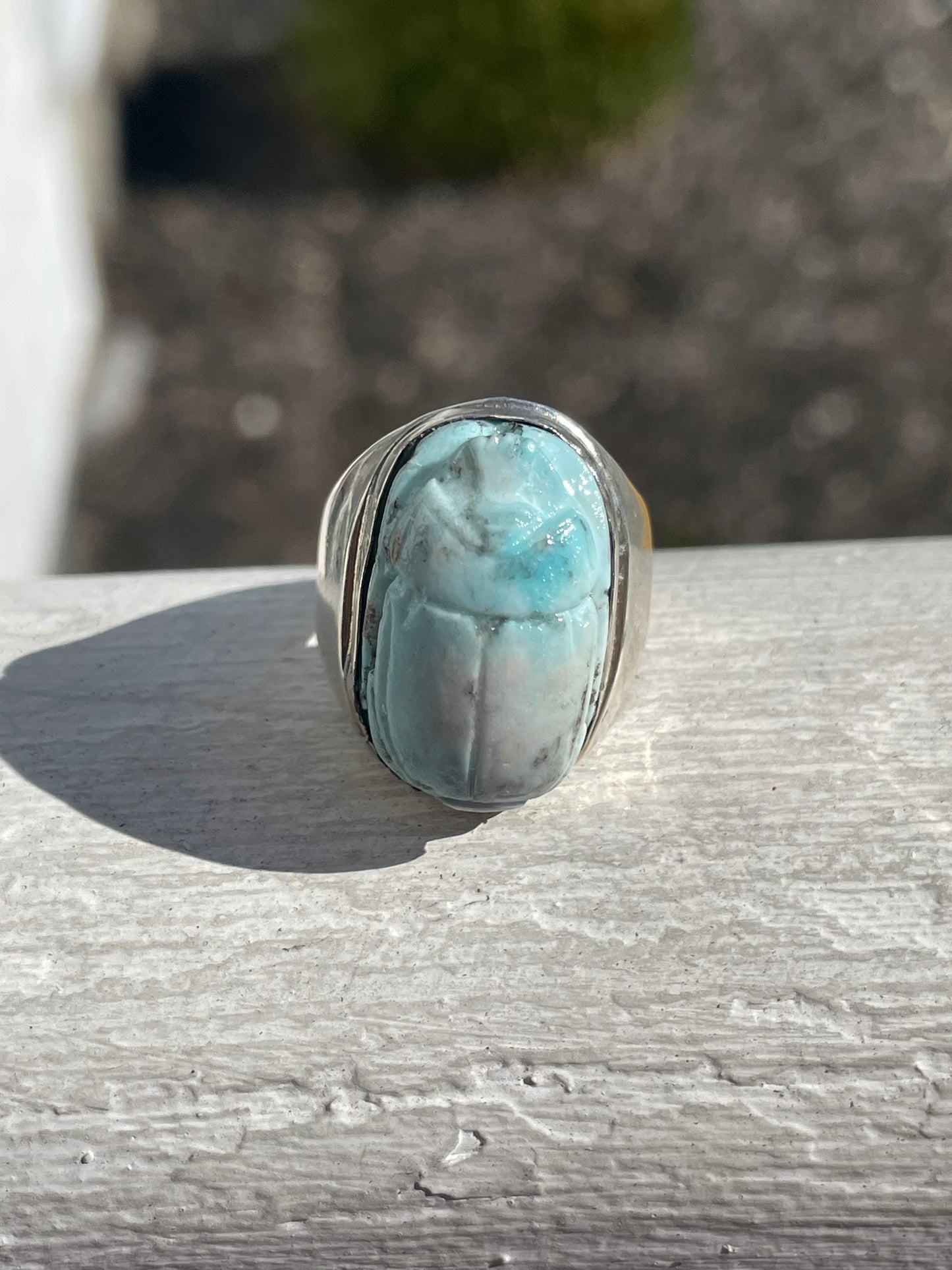 925 Sterling Silver Handmade Larimar Scarab Ring Size 7.5