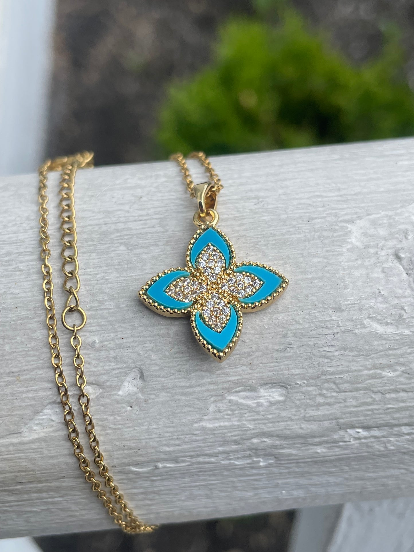 Stainless Steel Vermeil Quatrefoil Turquoise & Cz Necklace 16”-18”
