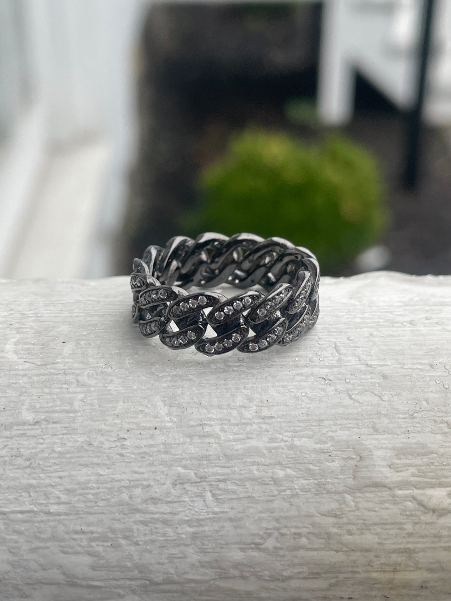 925 Sterling Silver Oxidized Cuban Link Eternity Band Ring with Czs Size 7