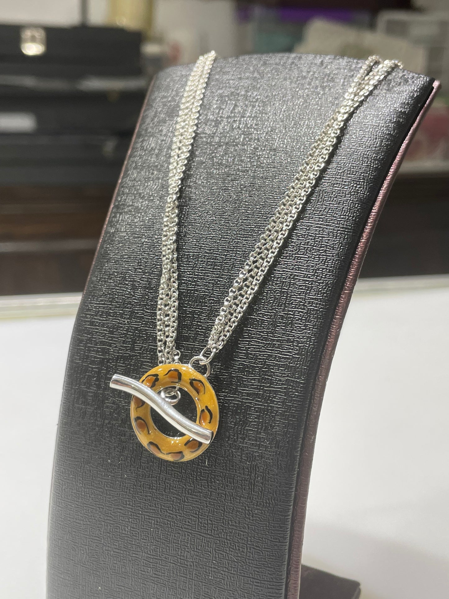 Designer Sigal 925 Sterling Silver Leopard Enamel Toggle Necklace