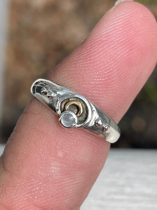 925 Sterling Silver & 14k Gold Phases of the Moon Band Ring Size 6.25
