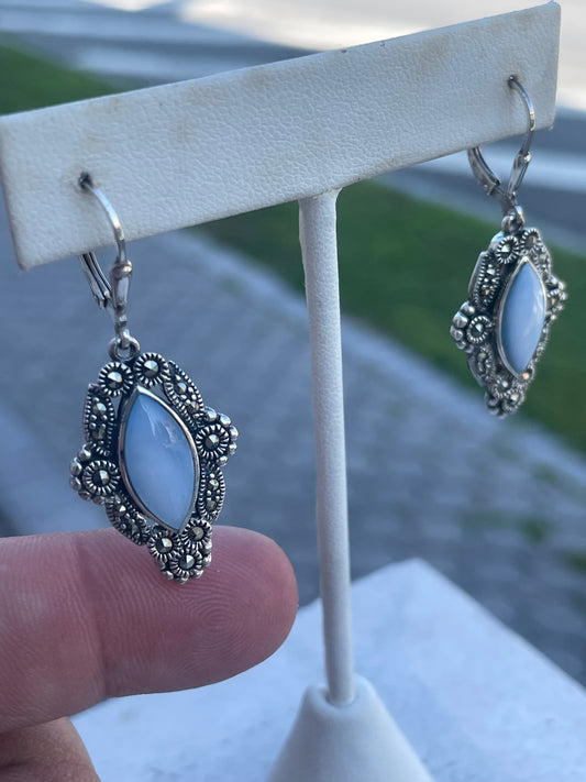925 Sterling Silver Blue Mother of Pearl & Marcasite Dangle Earrings