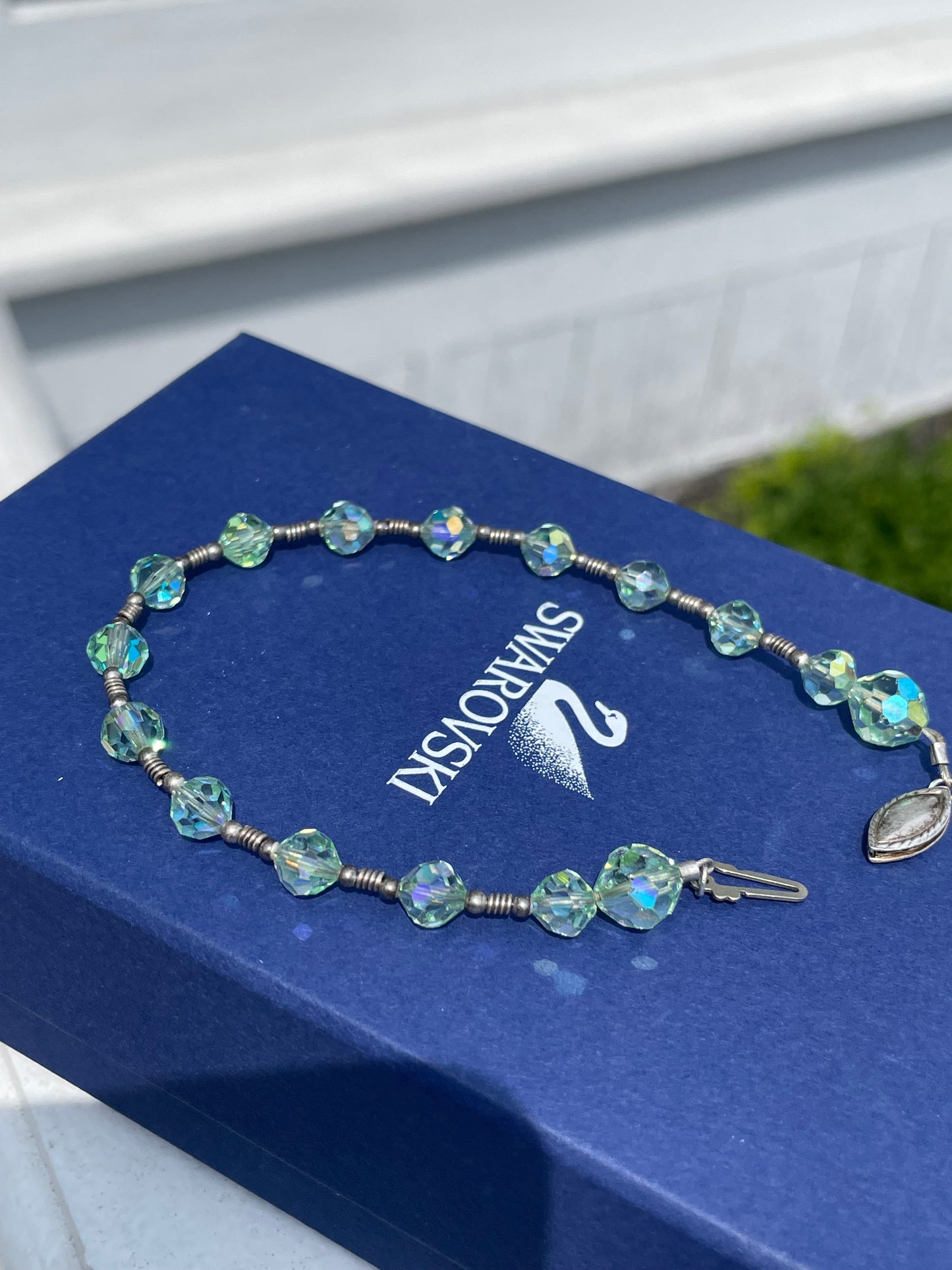 925 Sterling Silver Swarovski Elements Green Crystal Beaded Bracelet 7.5”
