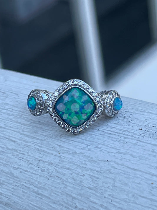 925 Sterling Silver Blue Opal Past Present Future Ring Size 6