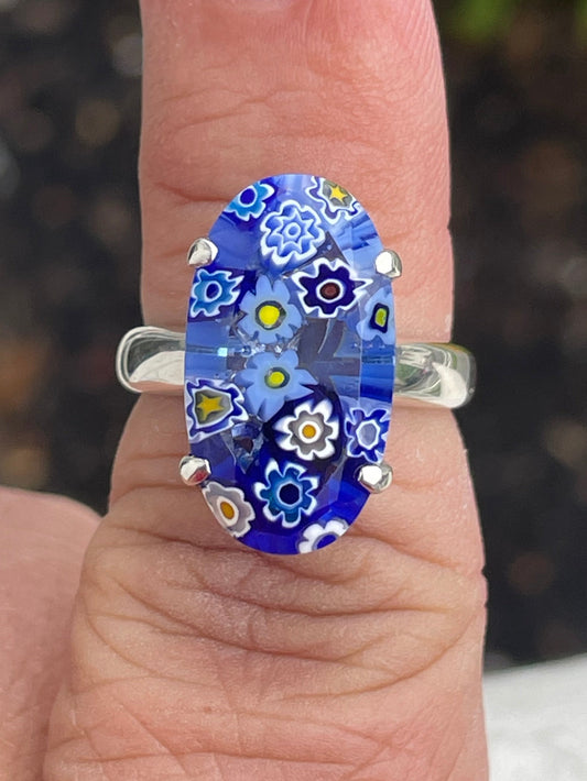 Designer Alan K 925 Sterling Silver Blue Oval Glass Millefiori Ring Size 7