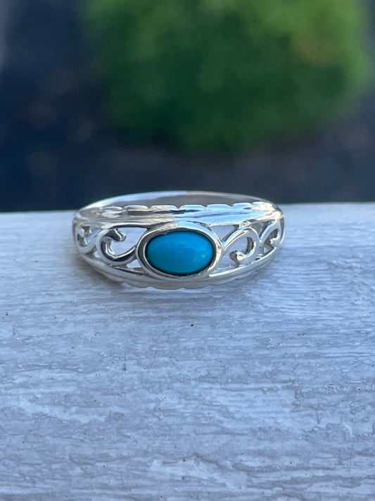 925 Sterling Silver Openwork Filigree Turquoise Band Ring Size 7