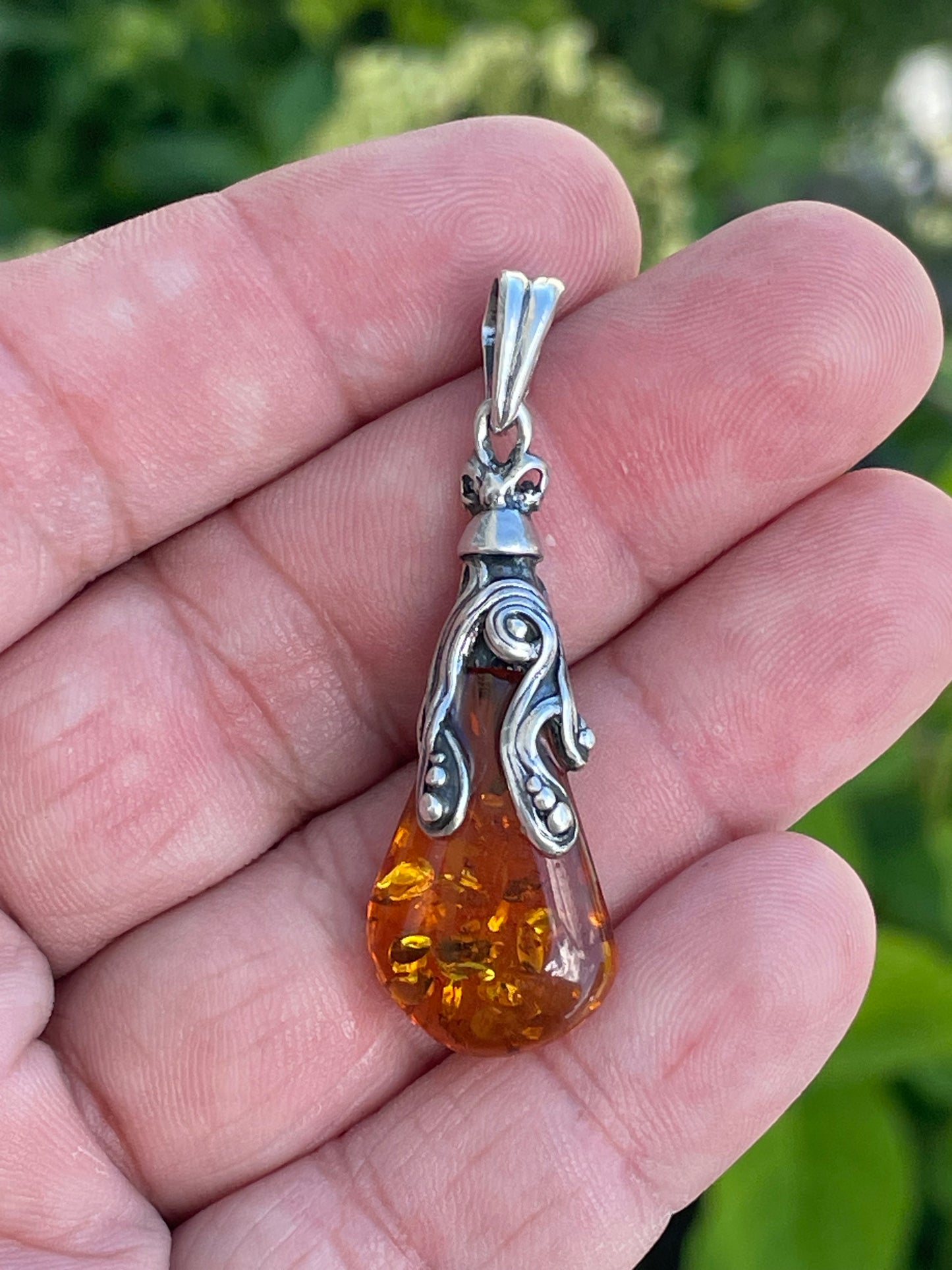 925 Sterling Silver Amber Drop Pendant