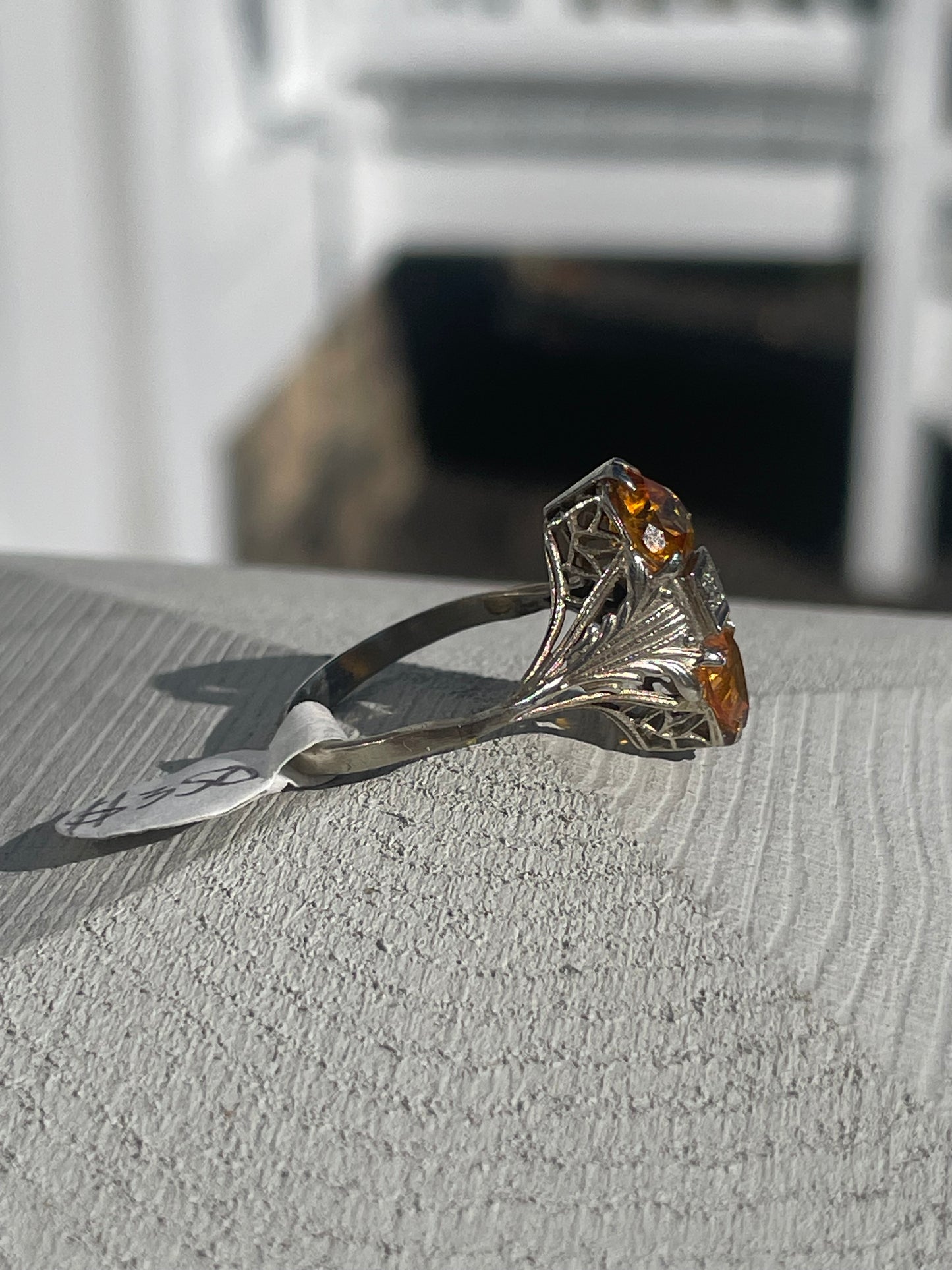 14k White Gold Antique Art Deco Double Heart Citrine & Diamond Ring Size 7.5