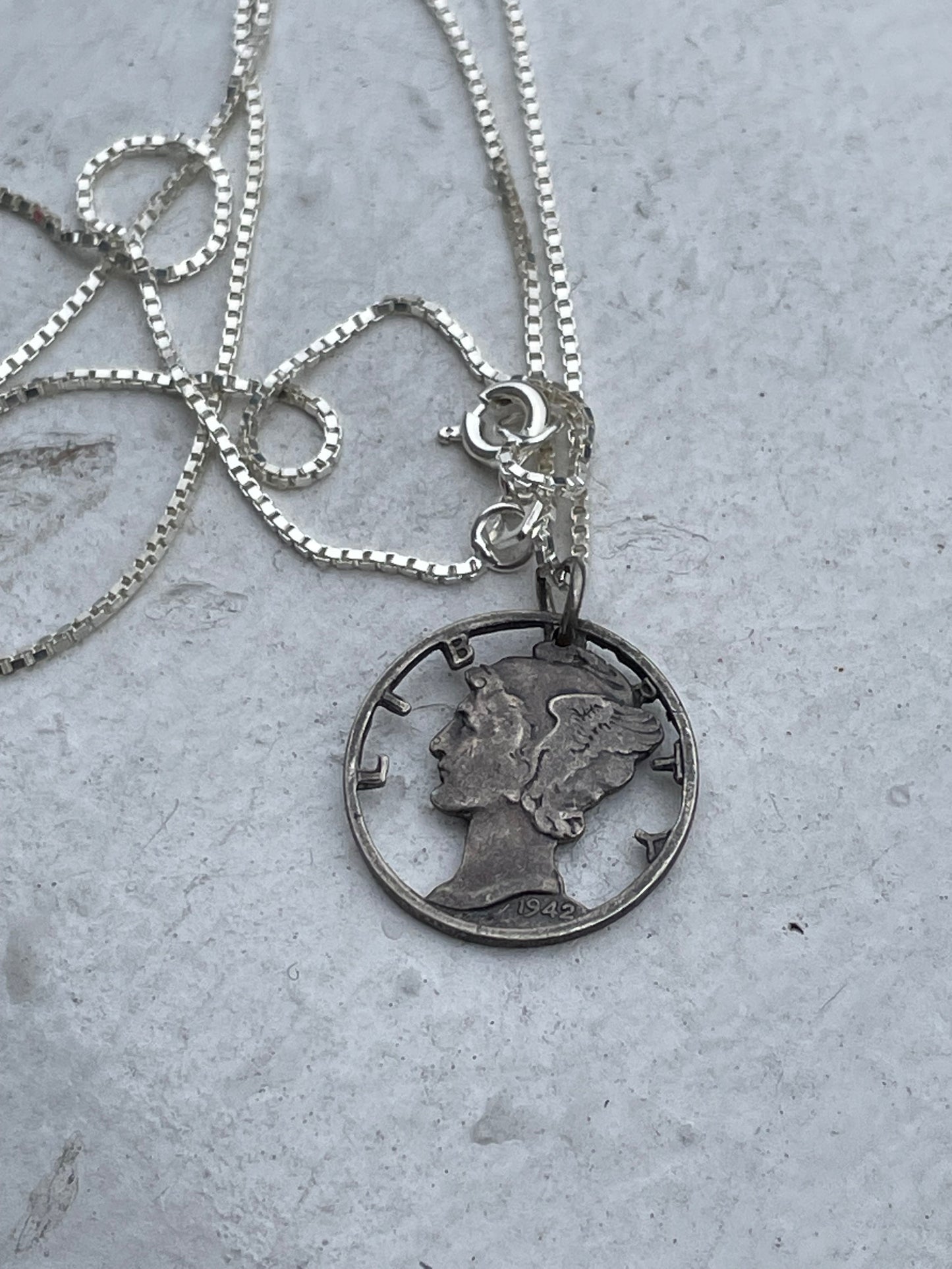 Silver Handmade Cutout Mercury Dime Necklace 18”
