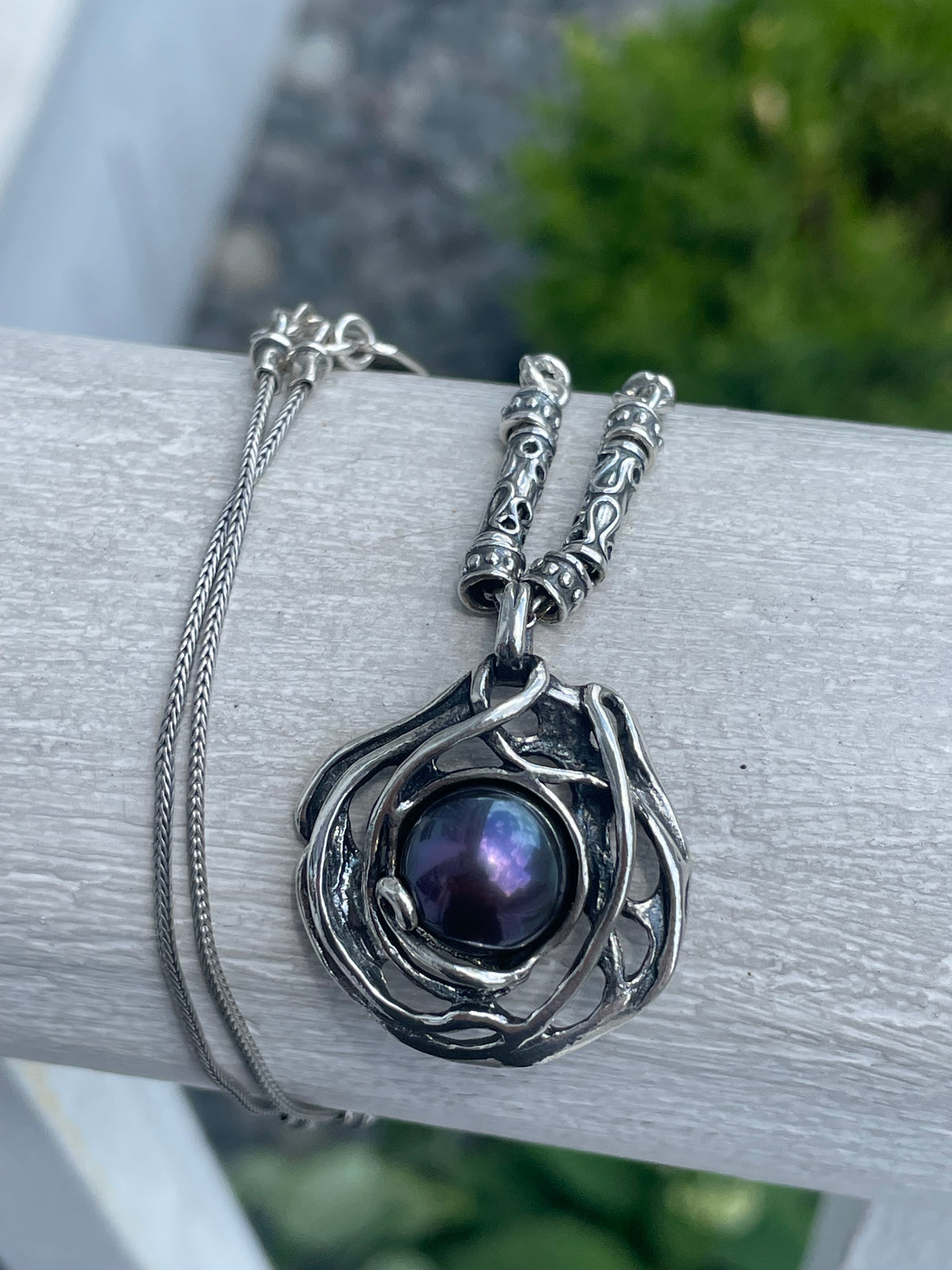 925 Sterling Silver Designer PAZ Made in Israel Black Pearl Amulet Necklace