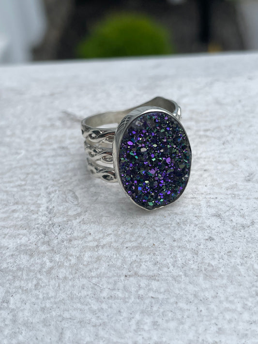 Designer DTR 925 Sterling Silver Oval Shaped Mystic Druzy Ring Size 7