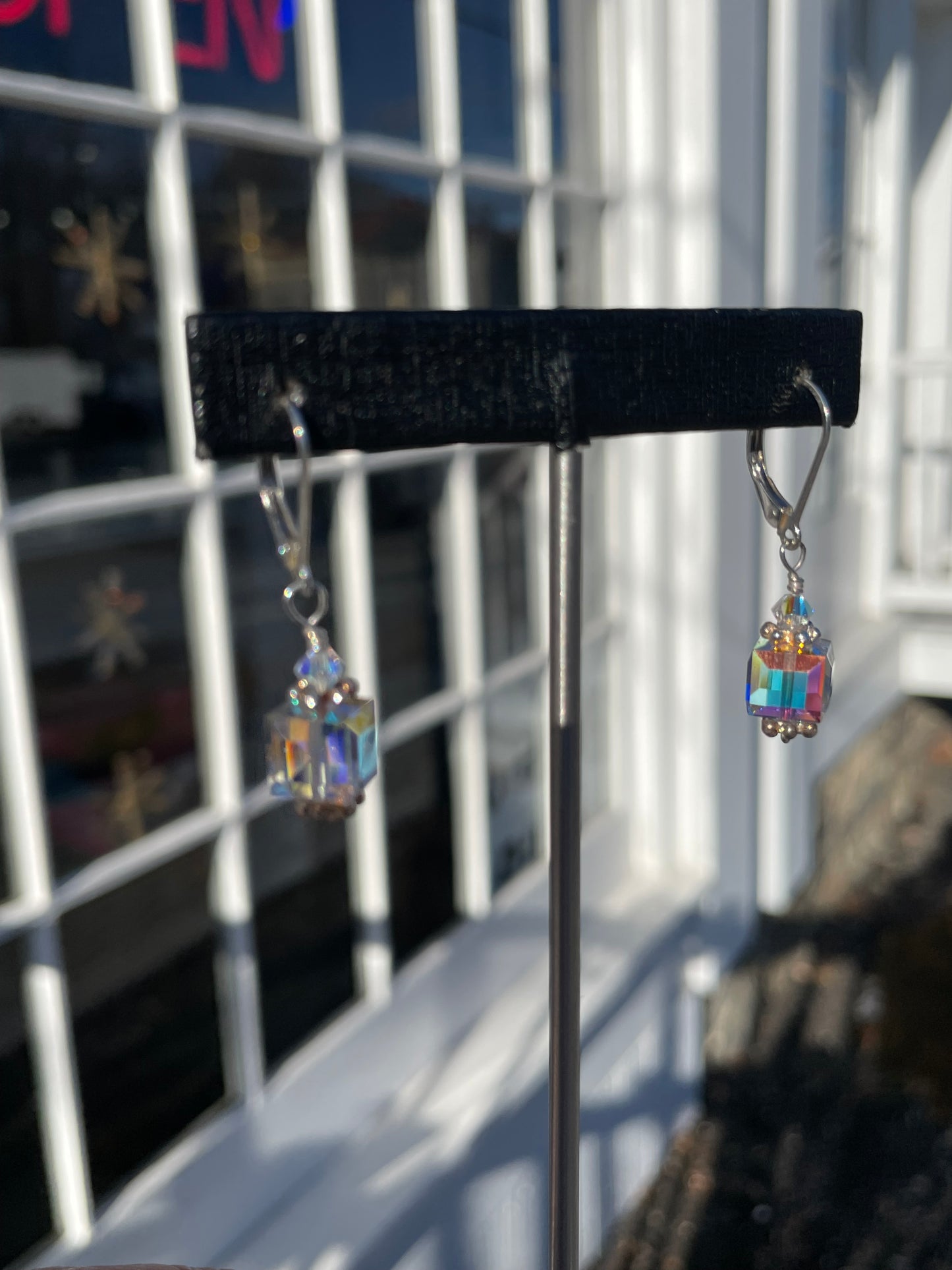 925 Sterling Silver AB Crystal Cube Dangle Earrings