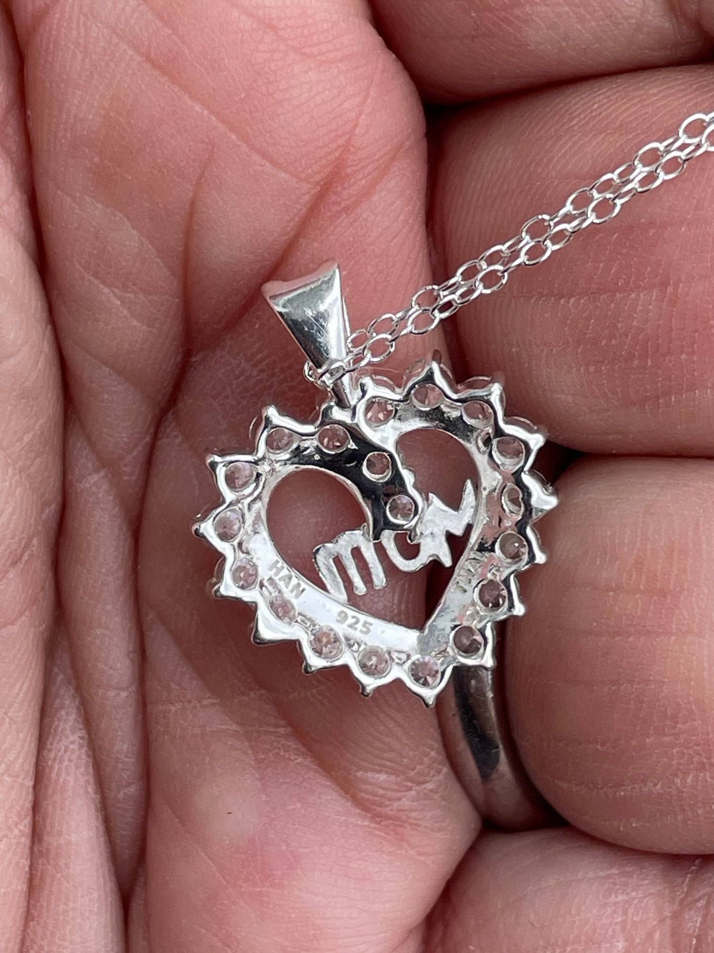 Designer HAN 925 Sterling Silver Mom Cz Heart Wreath Necklace 18”