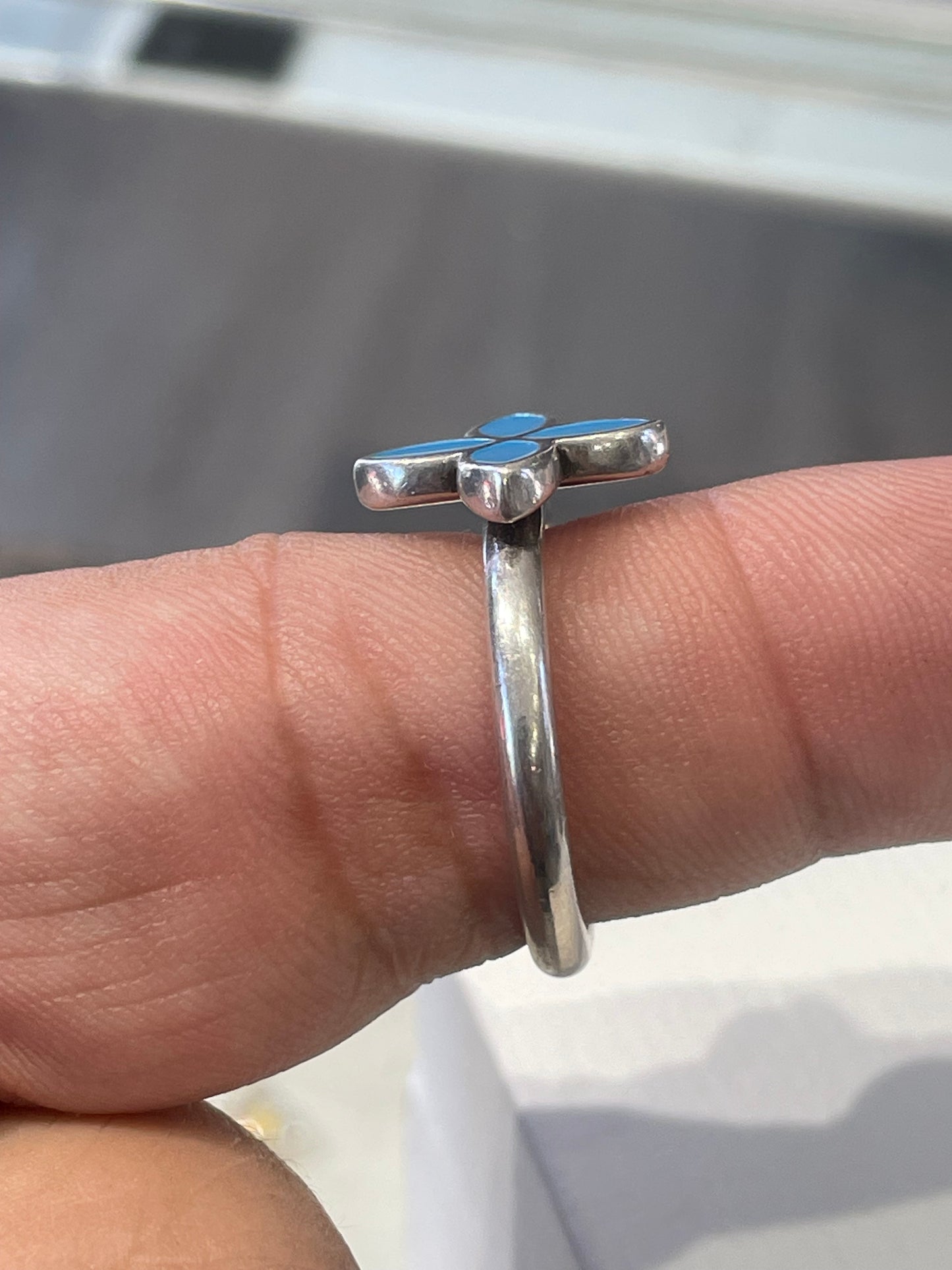 Retired Pandora Size 8 Sterling Silver Blue Enamel 4 Petal Flower Ring 190142EN01