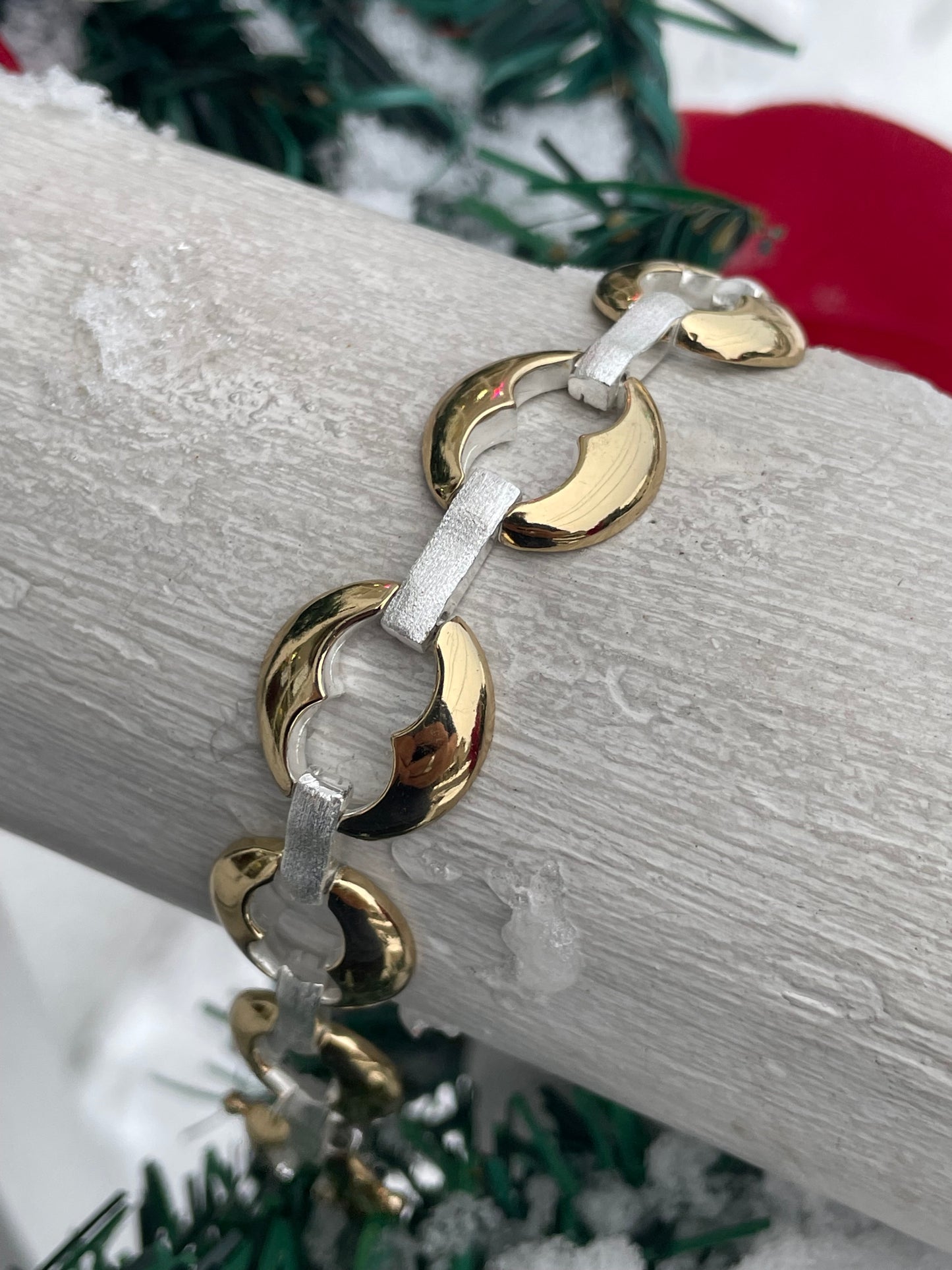 925 Sterling Silver & Vermeil 2tone Crescent Moon Open Link Bracelet 7.5”