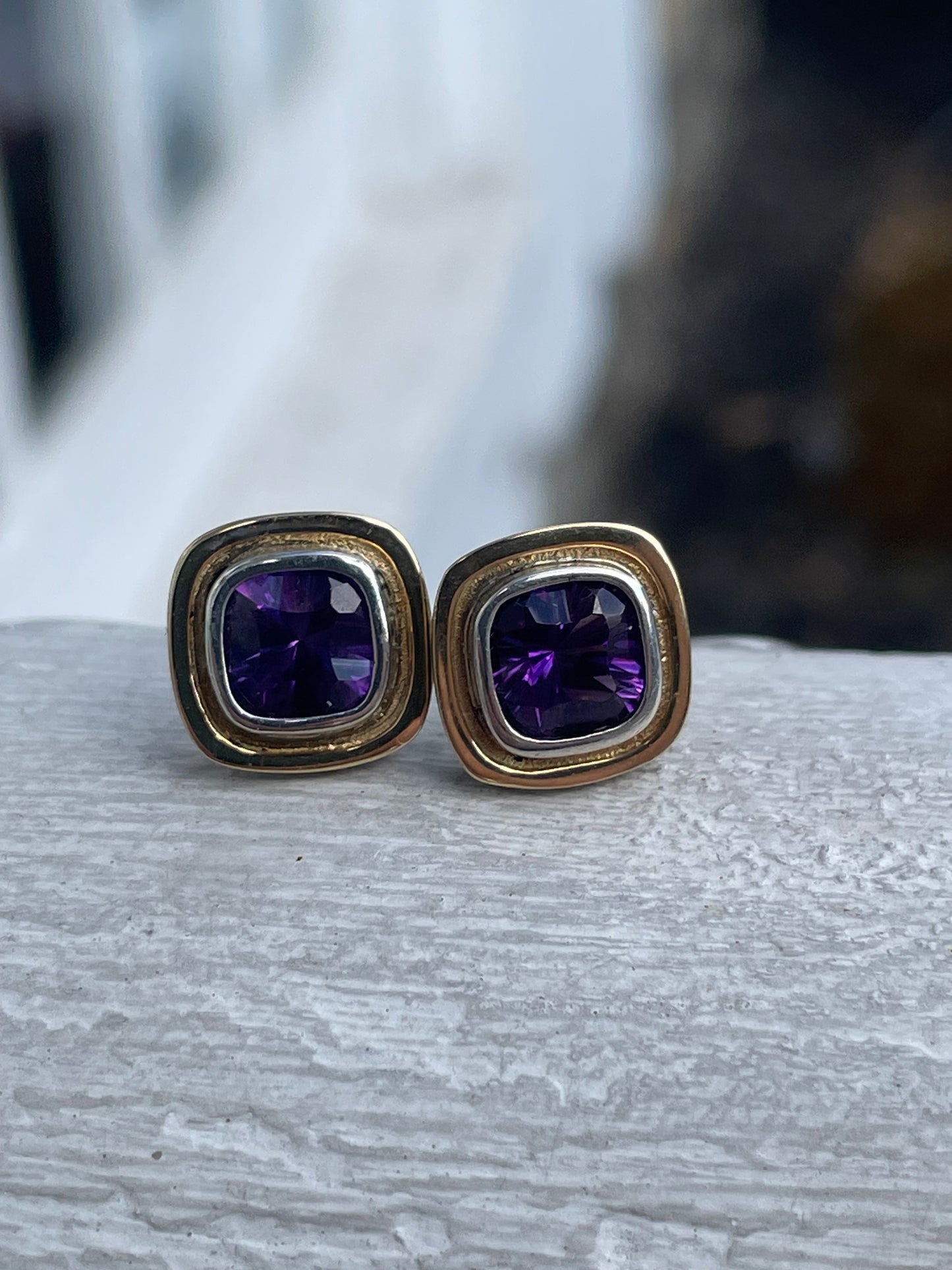 14k Gold & 925 Sterling Silver Bezel Set Amethyst Stud Earrings