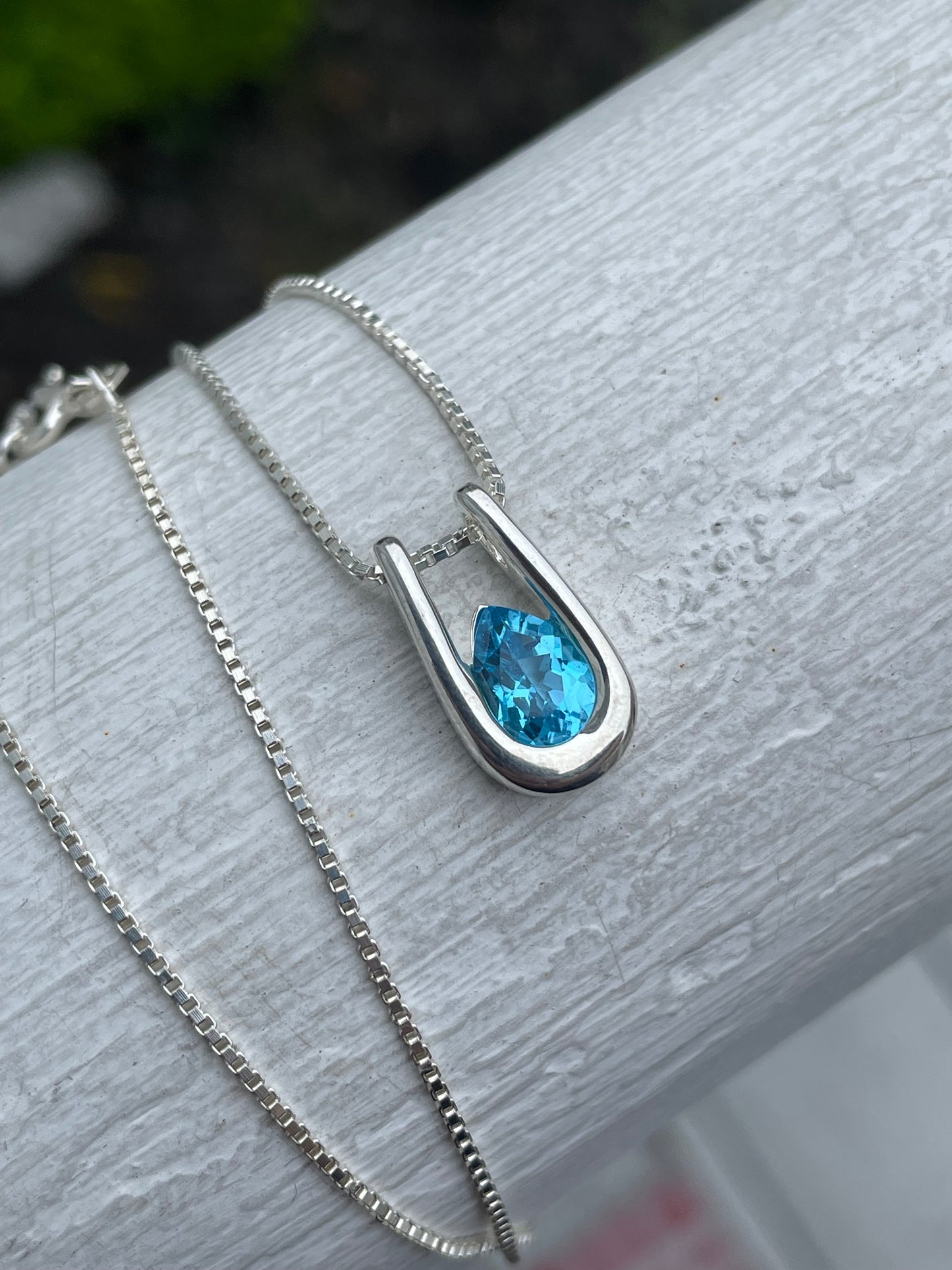 925 Sterling Silver Pear Shape Swiss Blue Topaz Necklace 18”