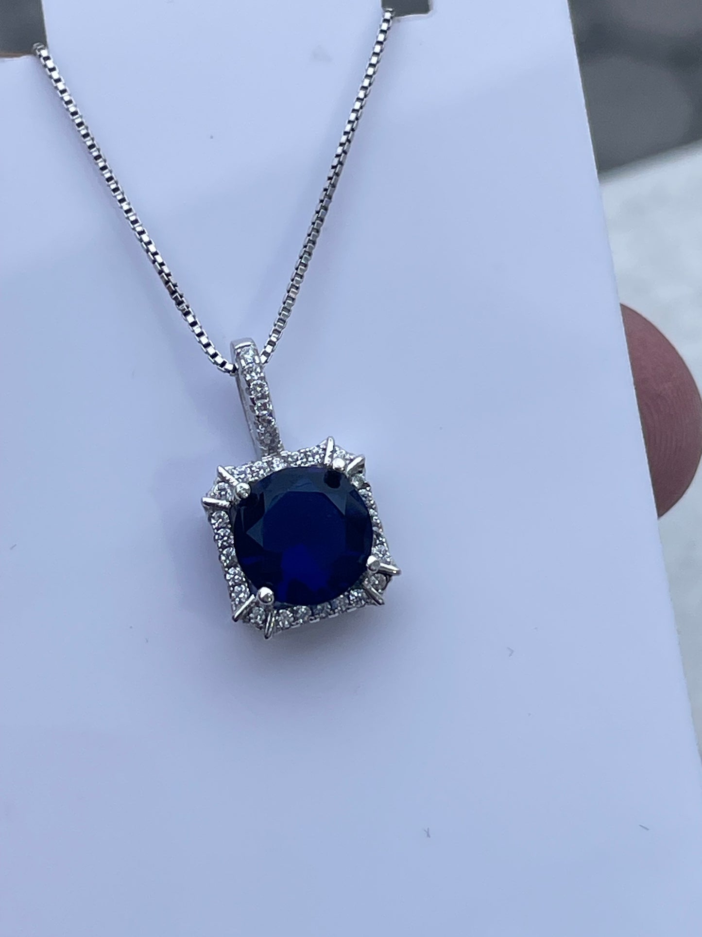 925 Sterling Silver Lab Created Sapphire & Cz Halo Solitaire Necklace