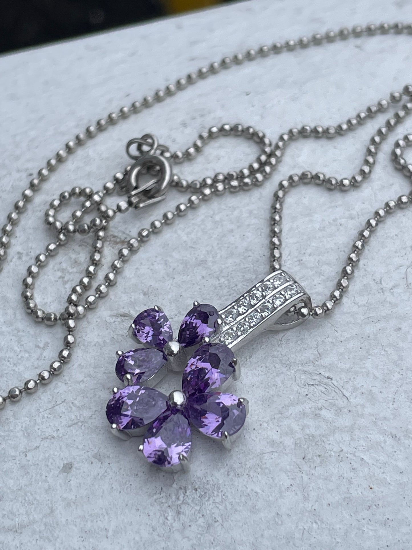 925 Sterling Silver Simulated Amethyst Flower Petals Necklace