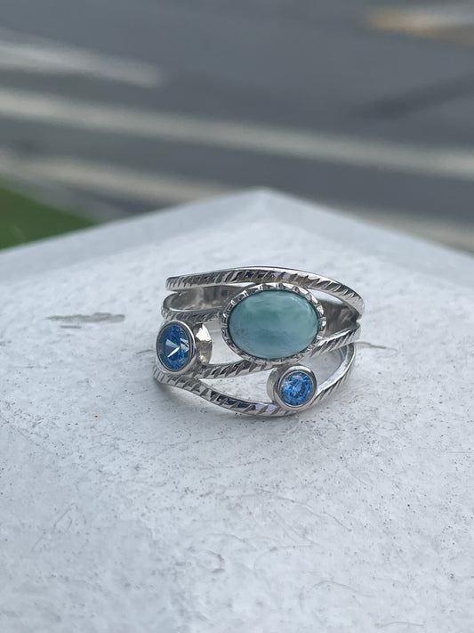 925 Sterling Silver Larimar & Blue Crystal Crossover Band Ring Size 8