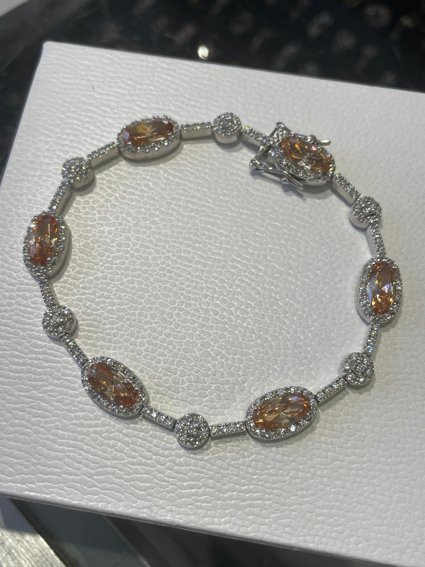 925 Sterling Silver Citrine Cz Tennis Bracelet 7.5”
