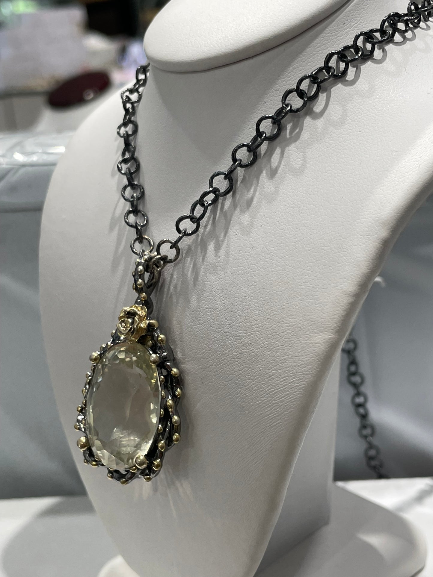 925 Oxidized Sterling Silver Large Light Yellow Citrine Necklace with Vermeil beaded highlights 20”