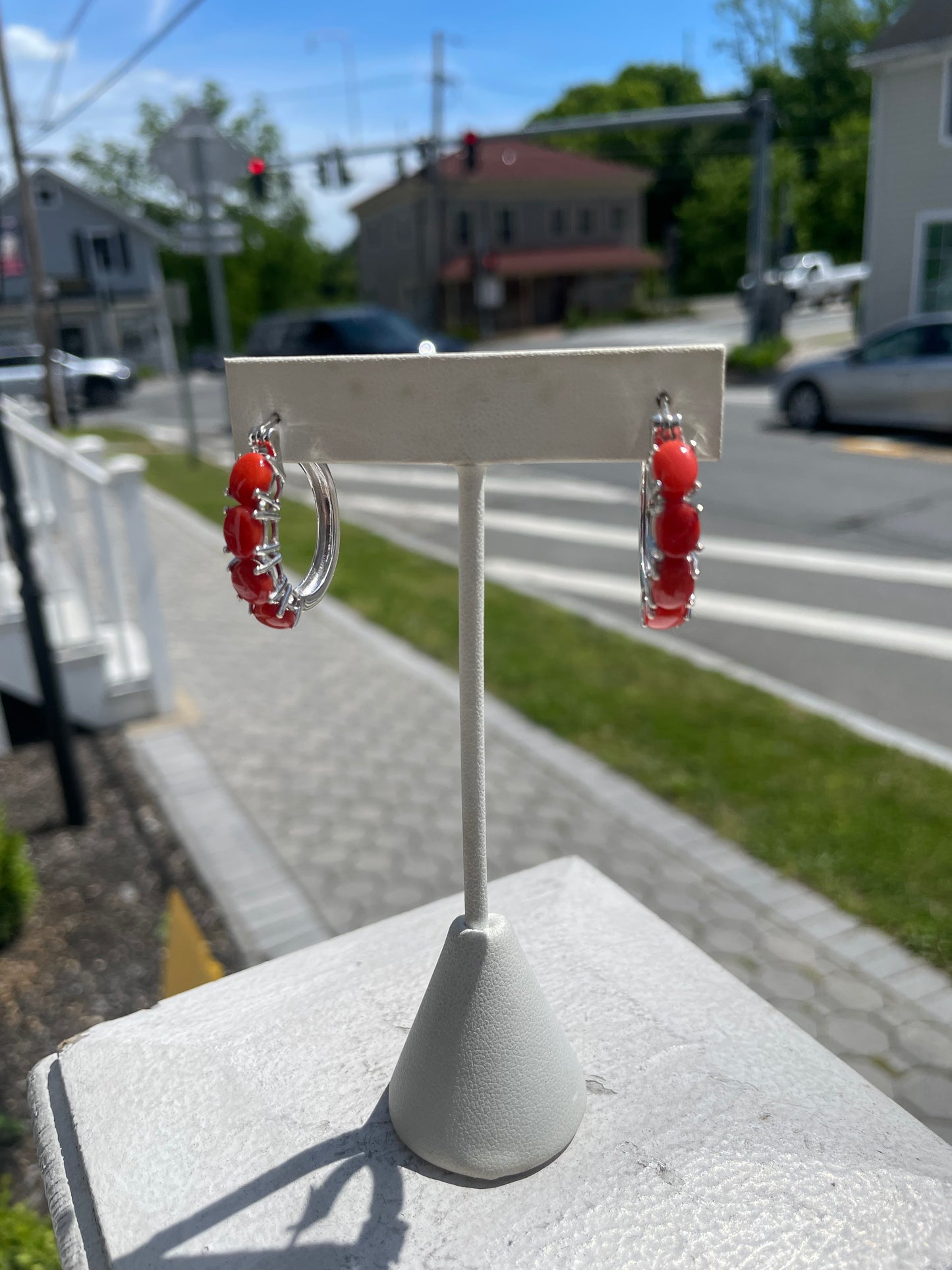 925 Sterling Silver Natural Coral Stone Oblong Hoop Earrings