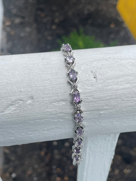 925 Sterling Silver Natural Amethyst XO Tennis Bracelet 7.5”