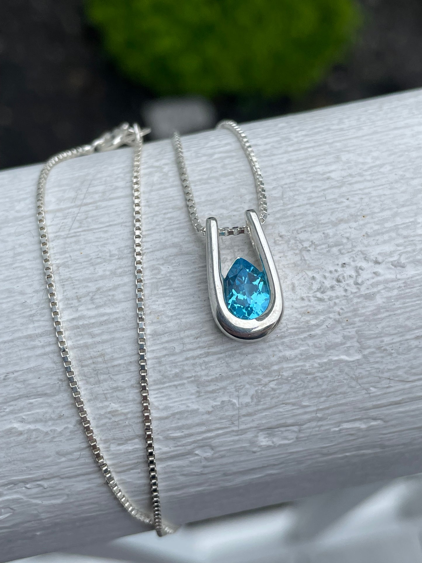 925 Sterling Silver Pear Shape Swiss Blue Topaz Necklace 18”