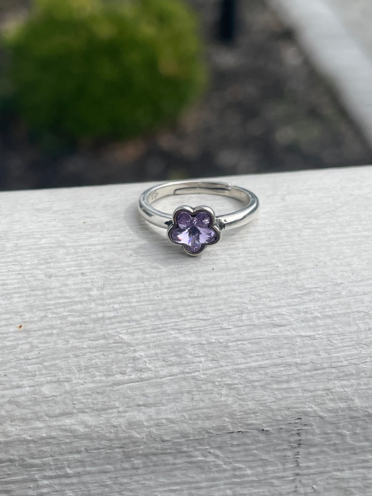 925 Designer KH Sterling Silver Girls Crystal Lavender Color Flower Ring ~ Open Size