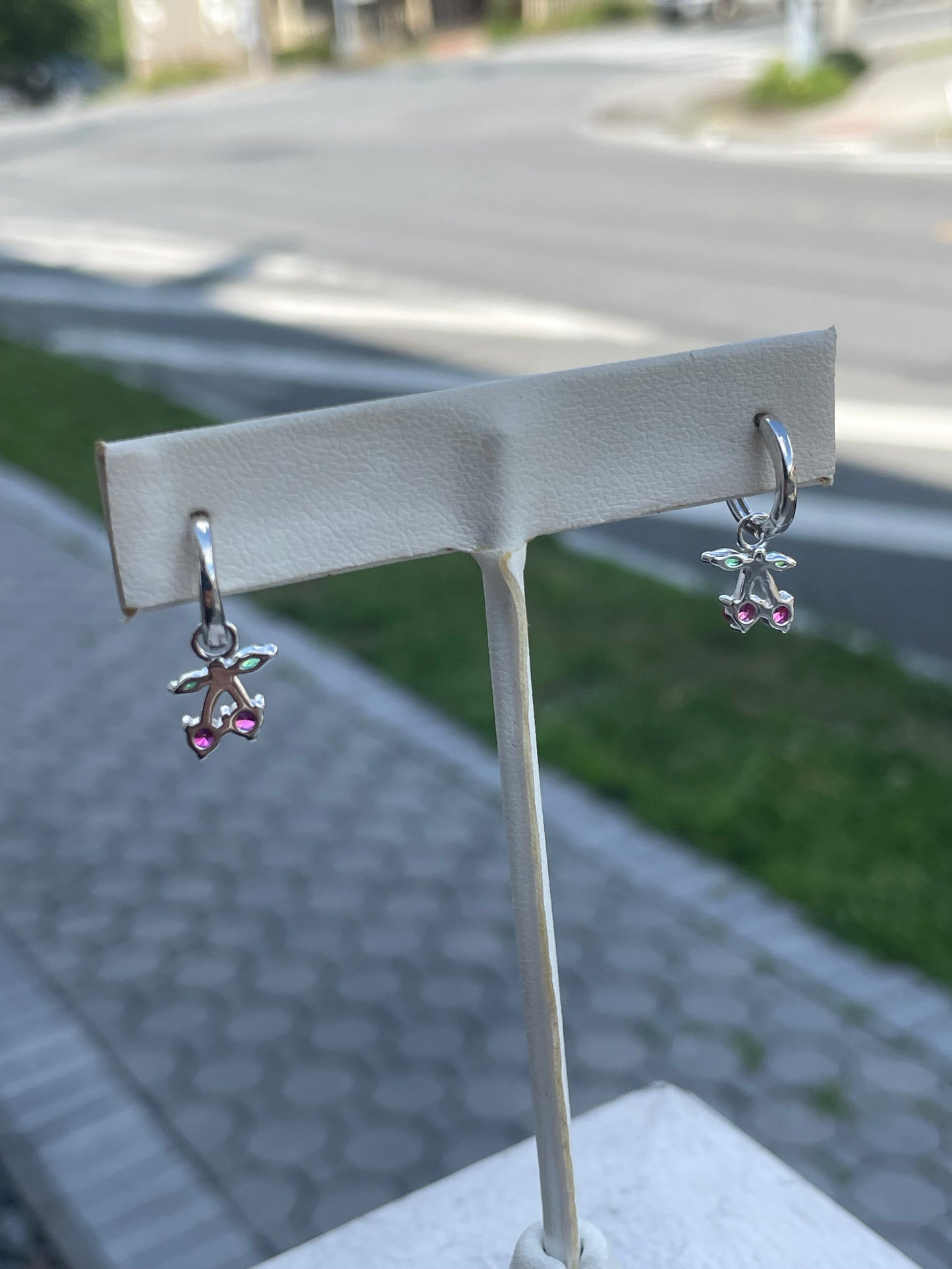 925 Sterling Silver Petite Cherry Dangle Huggie Hoop Earrings