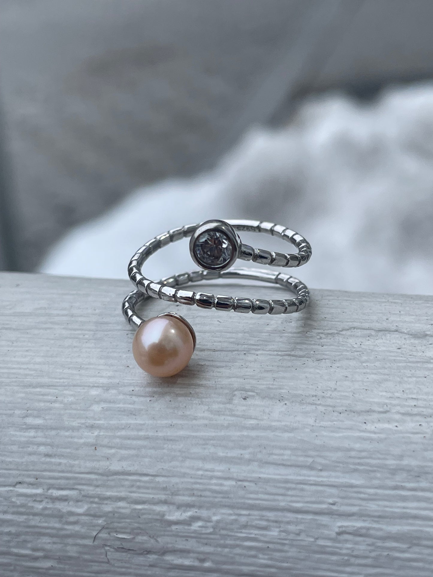 Silver Wrap Around Snake Ring With Pearl & Cz