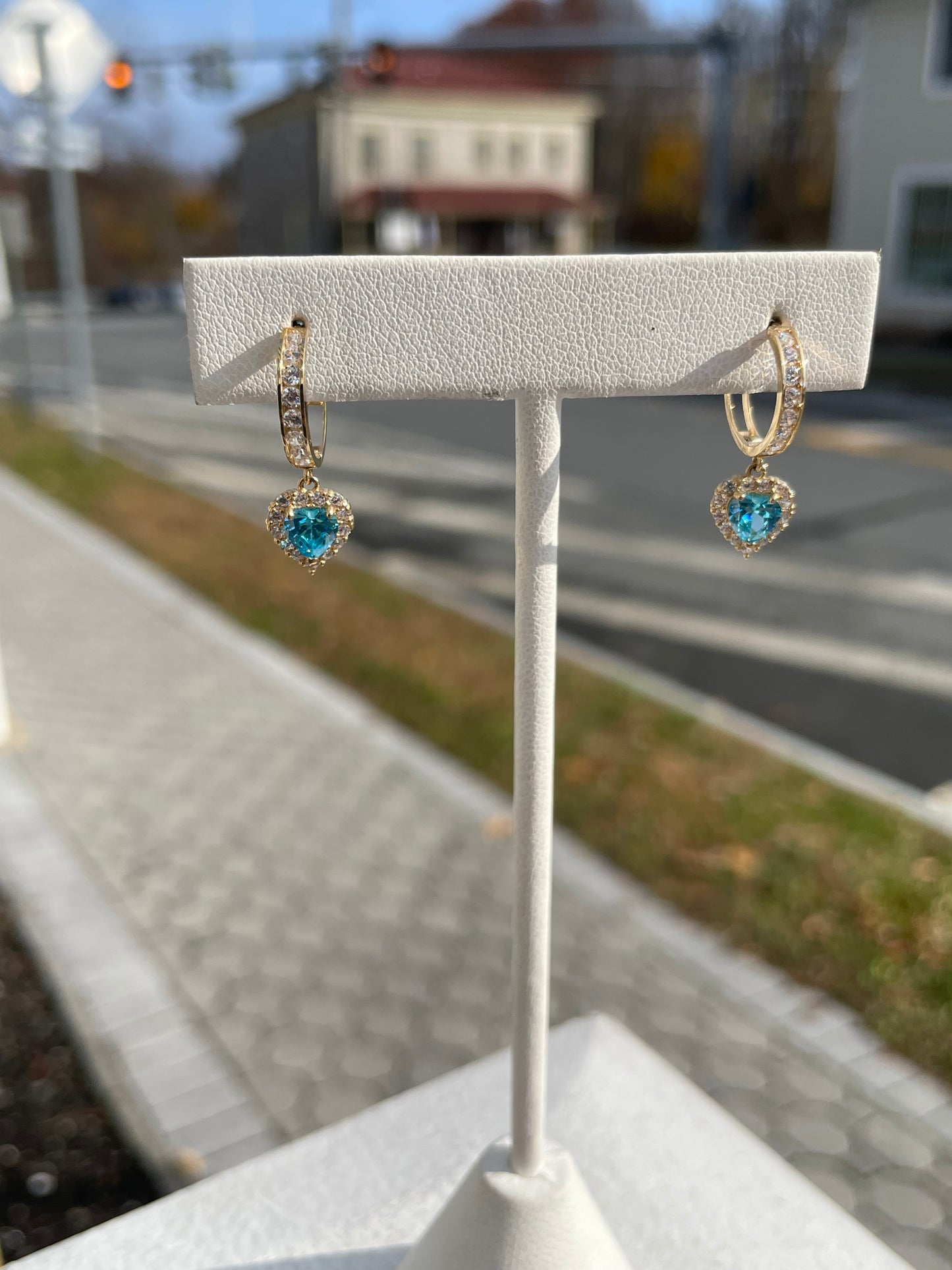 14k Gold Simulated Diamond & Blue Topaz Heart Dangle Huggie Hoop Earrings