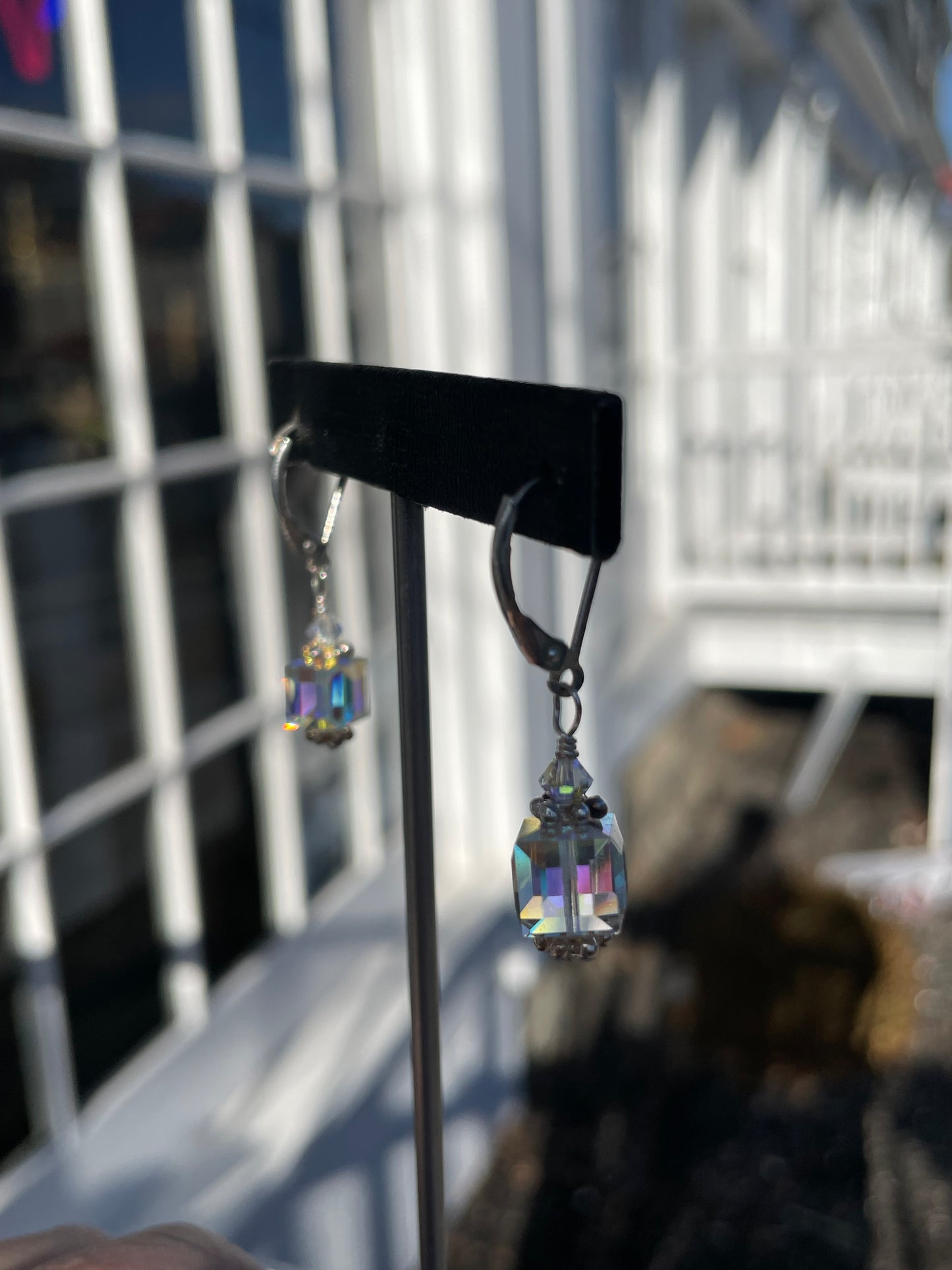 925 Sterling Silver AB Crystal Cube Dangle Earrings