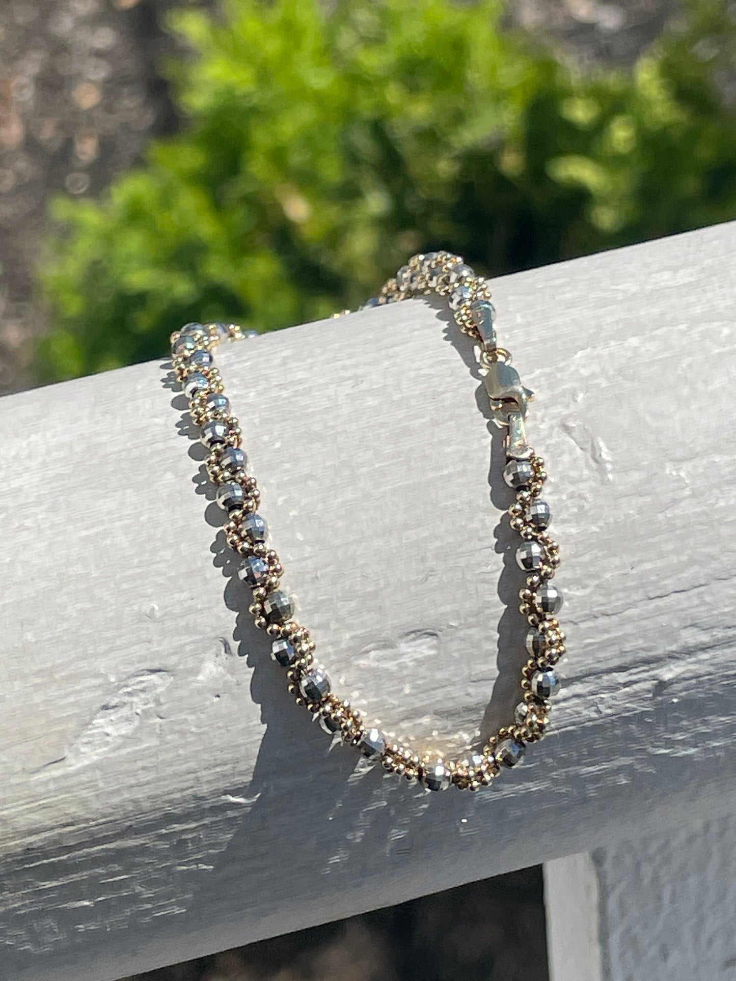 14k White & Yellow Gold Braided Beaded Bracelet 7”