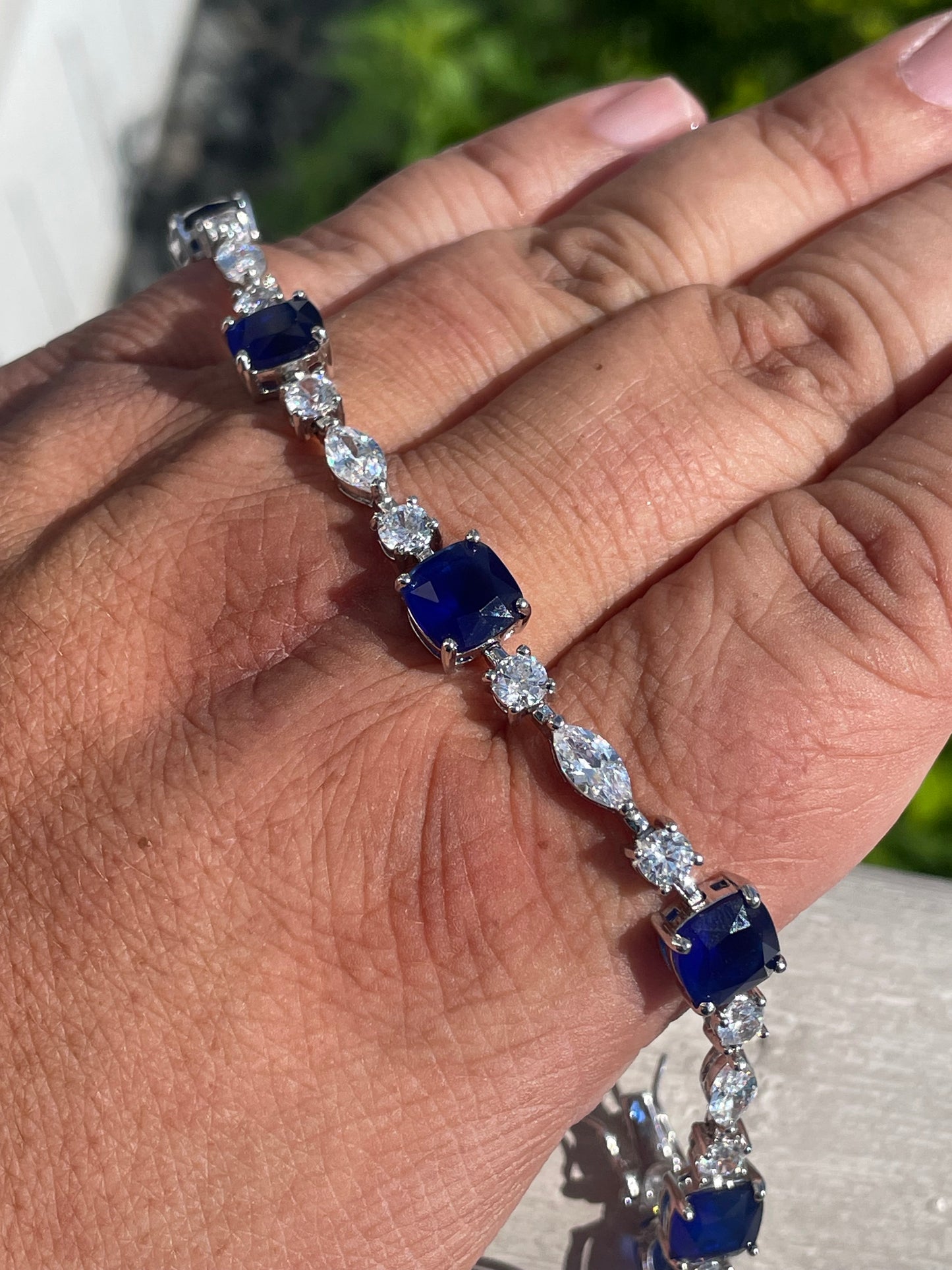 925 Sterling Silver Simulated Cushion Cut Sapphire and Clear Zirconia Tennis Bracelet 7”