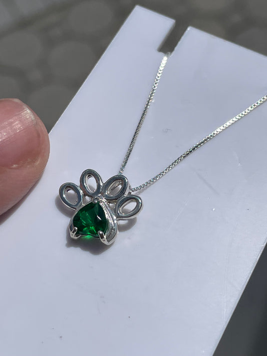 925 Sterling Silver Green Zirconia Paw Print Necklace