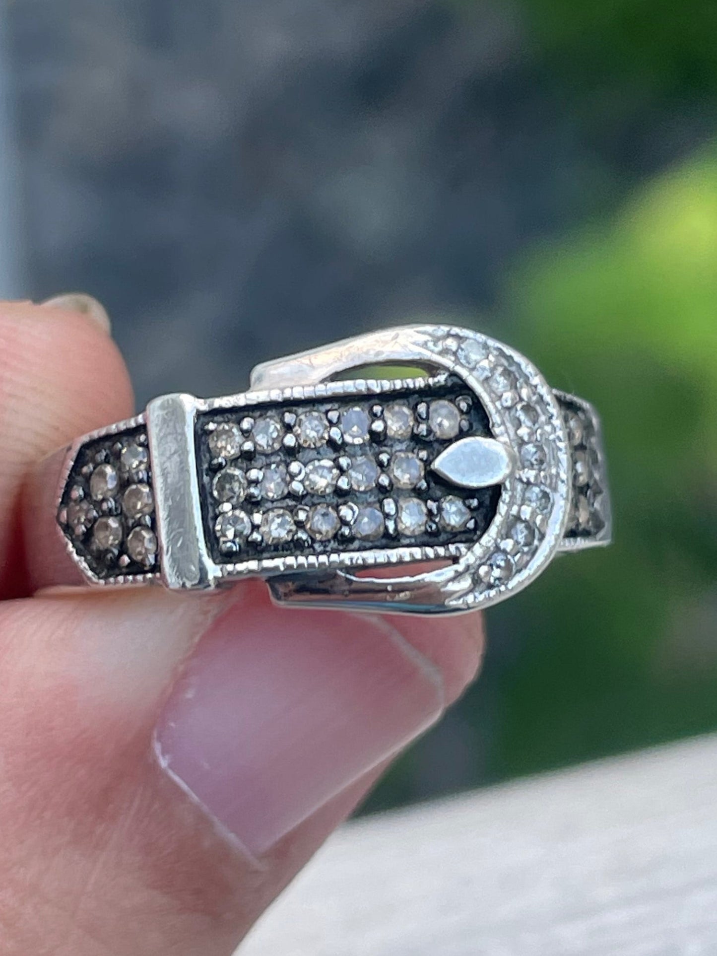 925 Sterling Silver Natural Champagne & White Diamond Belt Buckle Ring Size 8