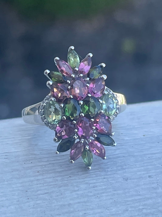 925 Sterling Silver Pink Tourmaline, Green Tourmaline & Praisolite Cluster Ring Size 6