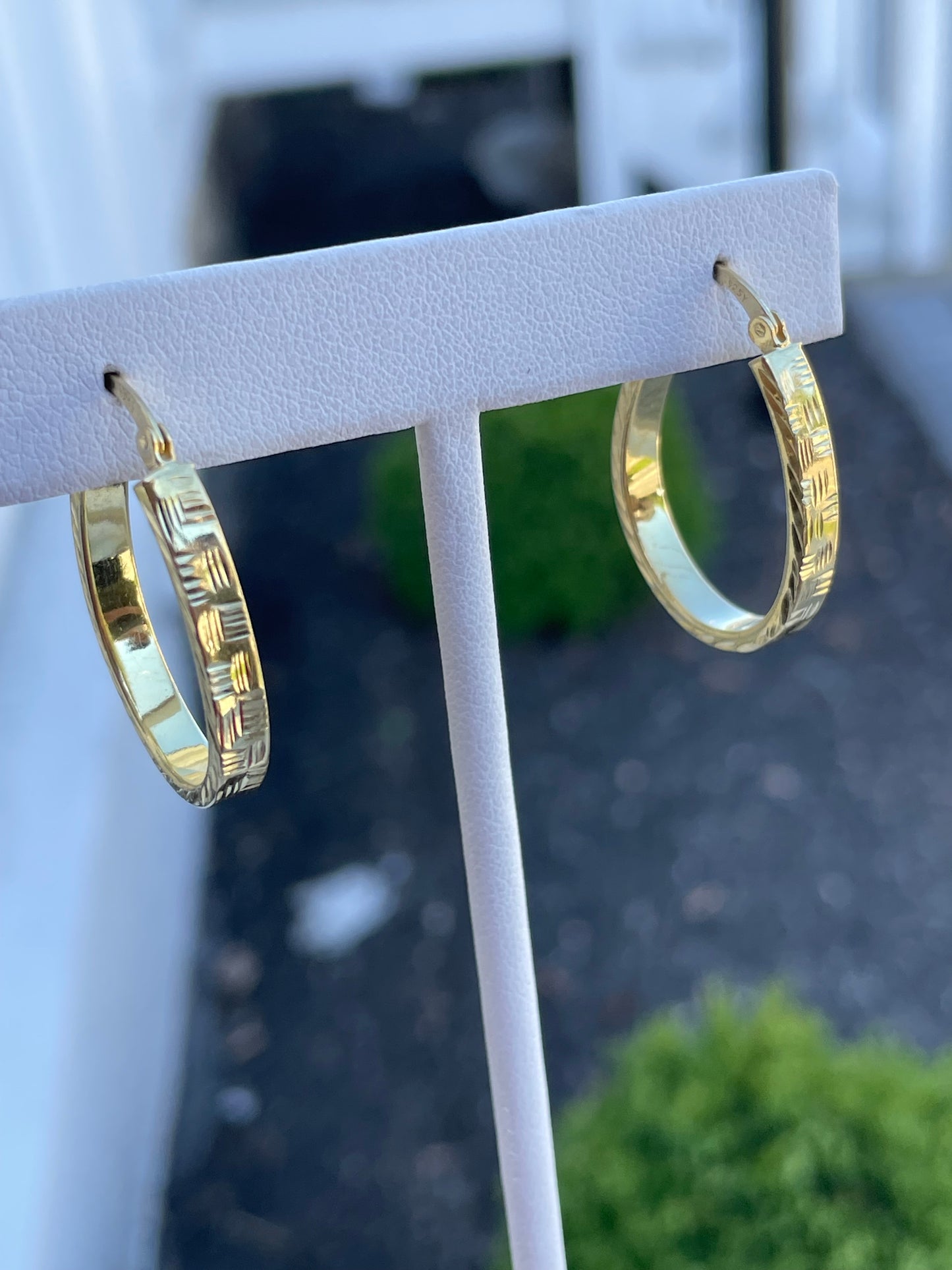 925 Sterling Silver Vermeil Diamond Cut Oblong Hoop Earrings