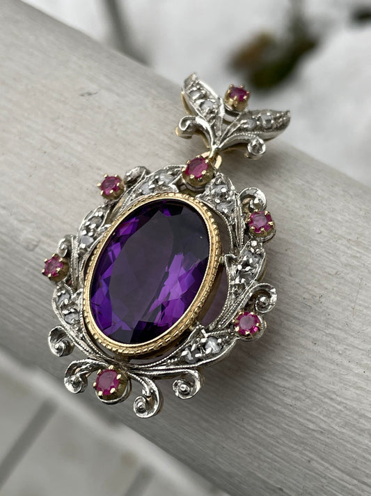 14k & 925 Silver Antique Amethyst Ruby & Diamond Pendant (K31)