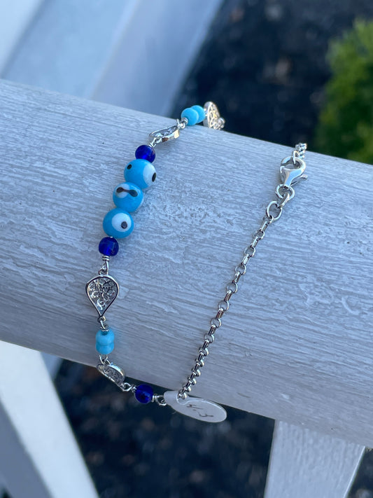 925 Sterling Silver Evil Eye Anklet Ankle Bracelet 10”