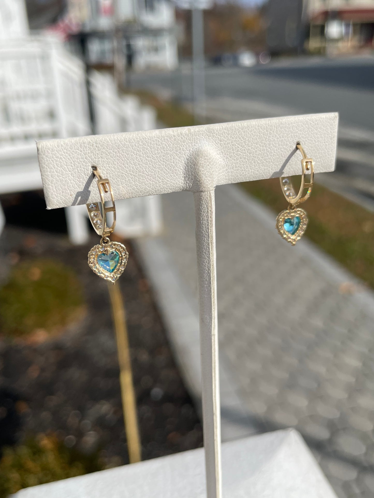 14k Gold Simulated Diamond & Blue Topaz Heart Dangle Huggie Hoop Earrings