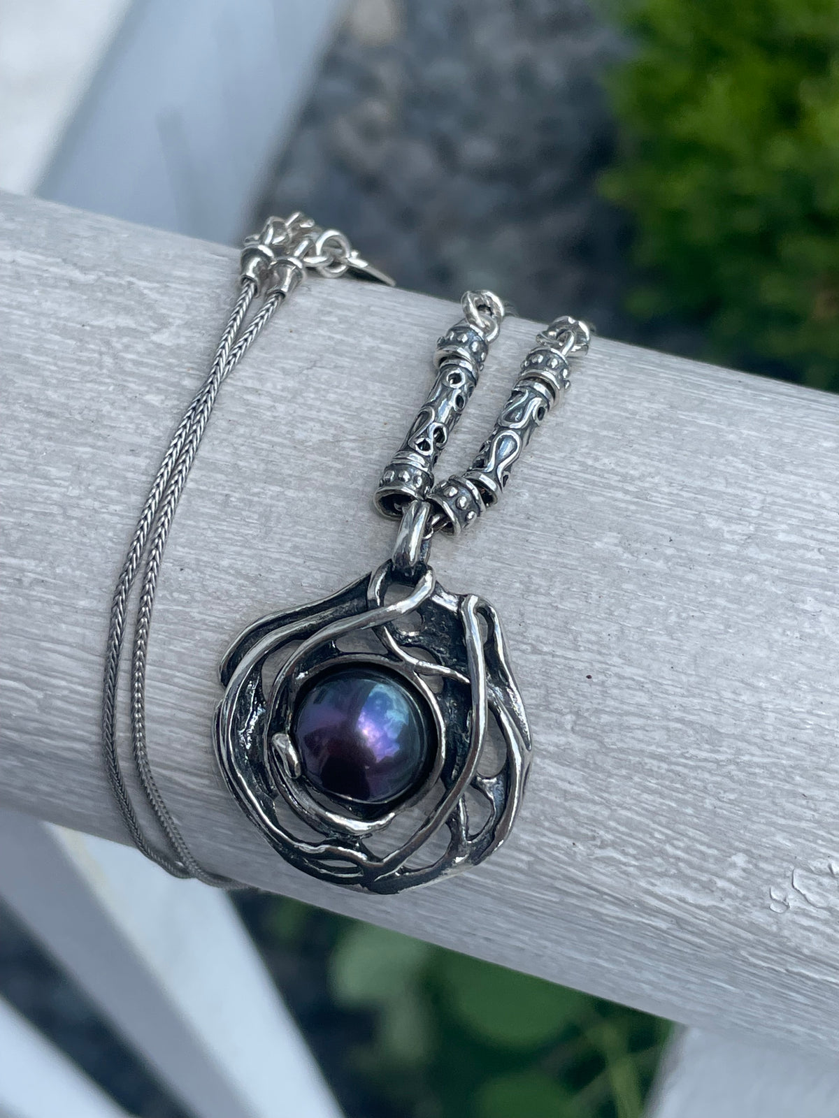 925 Sterling Silver Designer PAZ Made in Israel Black Pearl Amulet Necklace