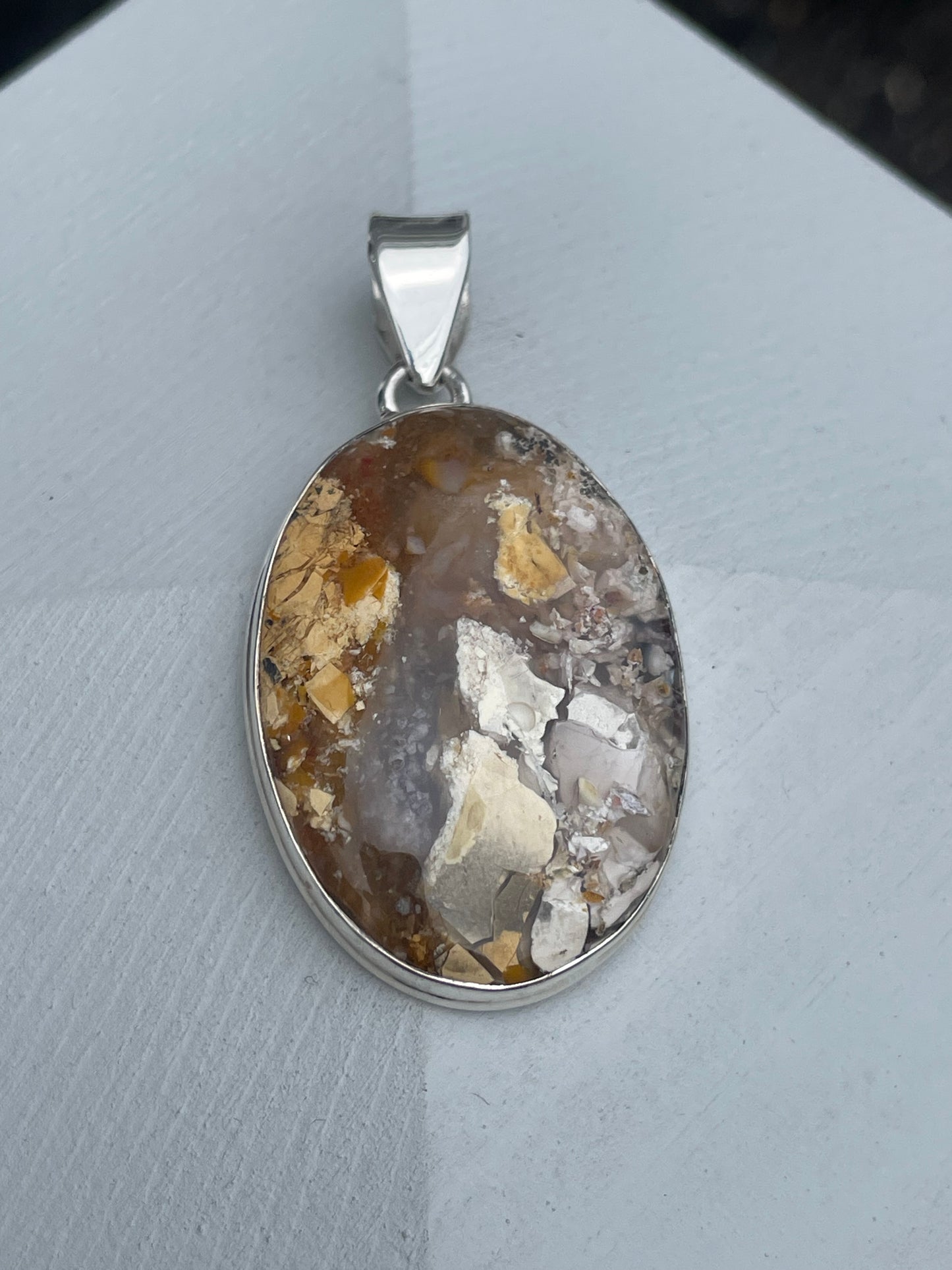 925 Sterling Silver Epoxy Resin Concrete Flakes Oval Pendant