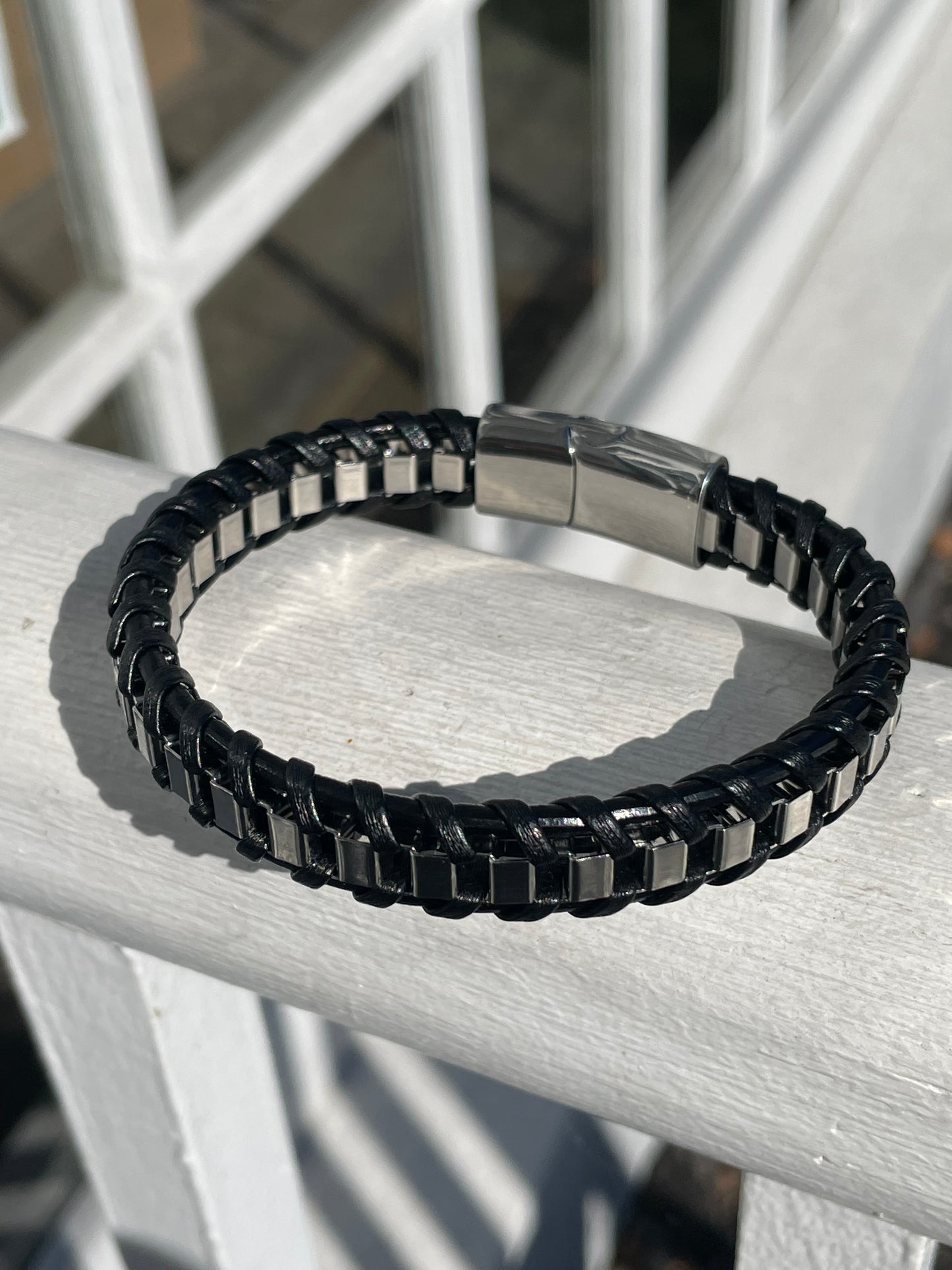 Stainless Steel & Black Leather 9.0” Mens Bracelet